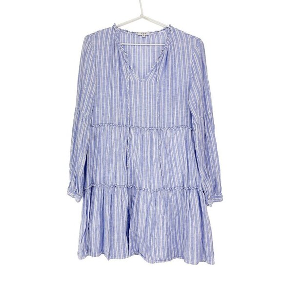 RAILS Everly Boho Striped Linen Cotton Tiered Long Sleeve Blue White Dress XS - Picture 7 of 14